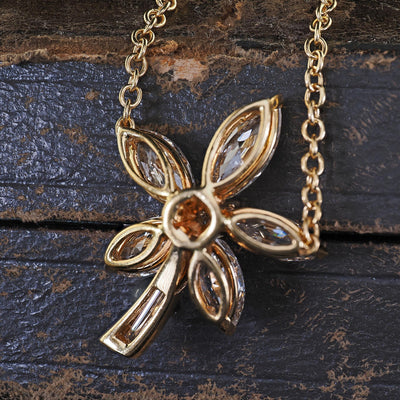 Vintage Estate 18K Yellow Gold Marquise Baguette Diamond Flower Pendant Necklace