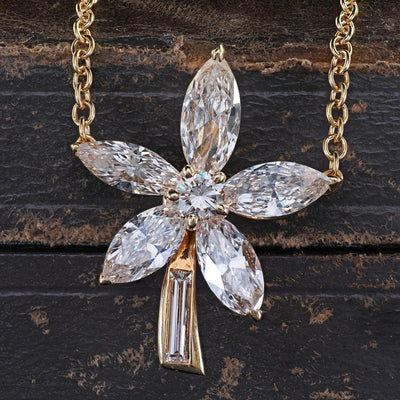 Vintage Estate 18K Yellow Gold Marquise Baguette Diamond Flower Pendant Necklace