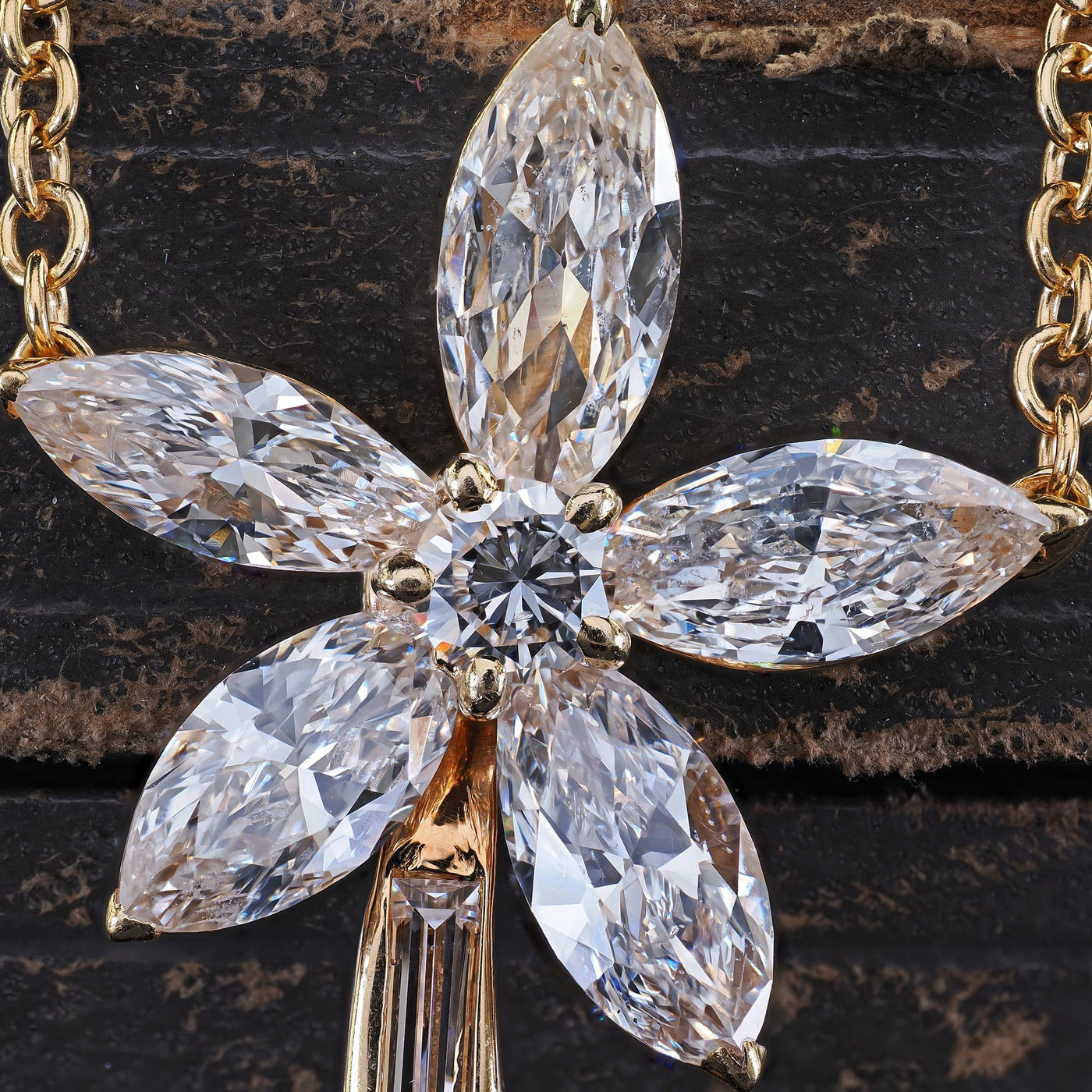 Vintage Estate 18K Yellow Gold Marquise Baguette Diamond Flower Pendant Necklace