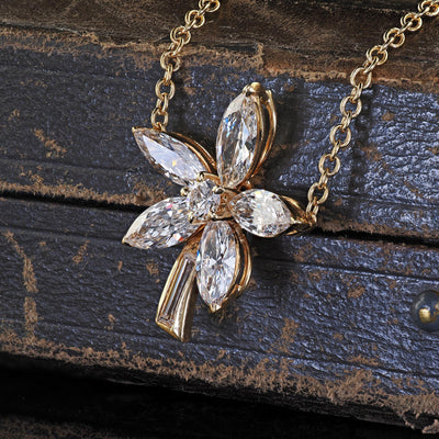 Vintage Estate 18K Yellow Gold Marquise Baguette Diamond Flower Pendant Necklace