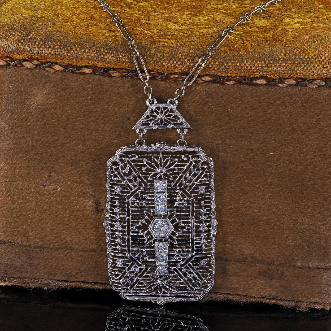 Antique Art Deco 14K White Gold Old Euro Diamond Filigree Pendant Necklace