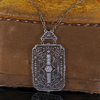 Antique Art Deco 14K White Gold Old Euro Diamond Filigree Pendant Necklace