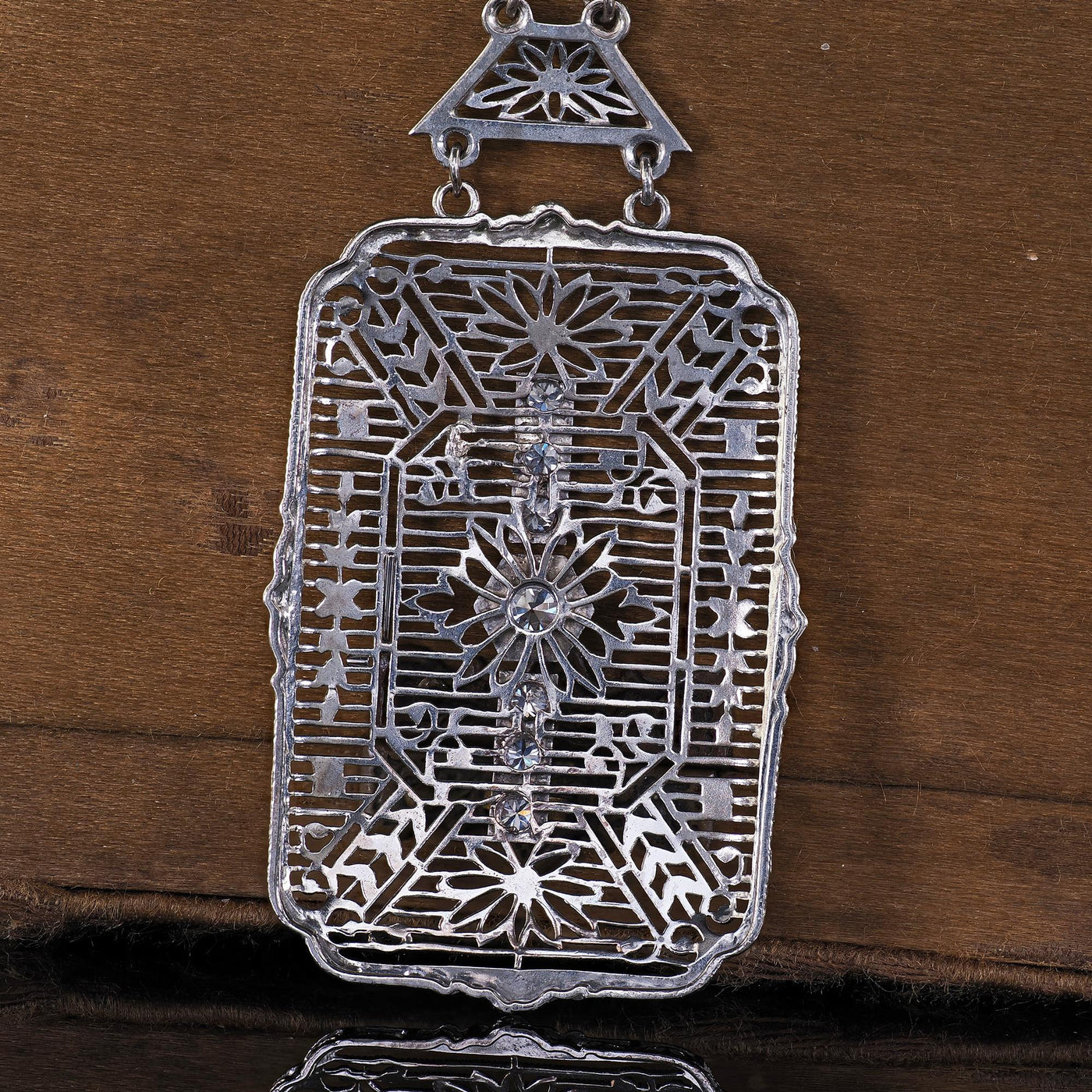 Antique Art Deco 14K White Gold Old Euro Diamond Filigree Pendant Necklace