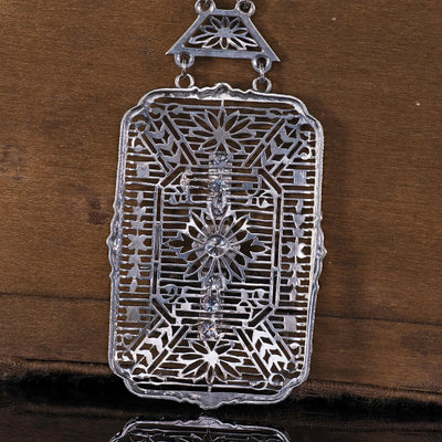 Antique Art Deco 14K White Gold Old Euro Diamond Filigree Pendant Necklace