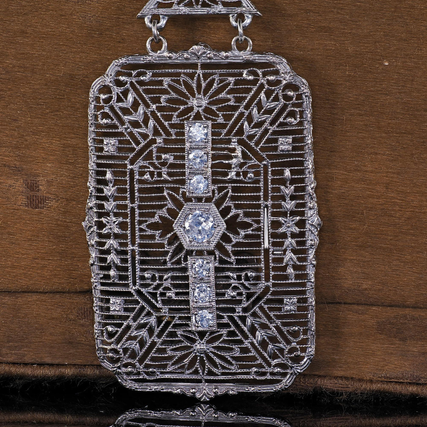 Antique Art Deco 14K White Gold Old Euro Diamond Filigree Pendant Necklace