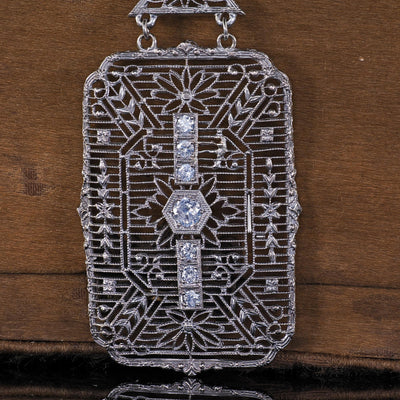 Antique Art Deco 14K White Gold Old Euro Diamond Filigree Pendant Necklace