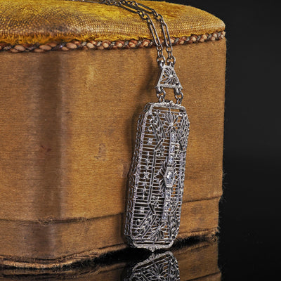Antique Art Deco 14K White Gold Old Euro Diamond Filigree Pendant Necklace
