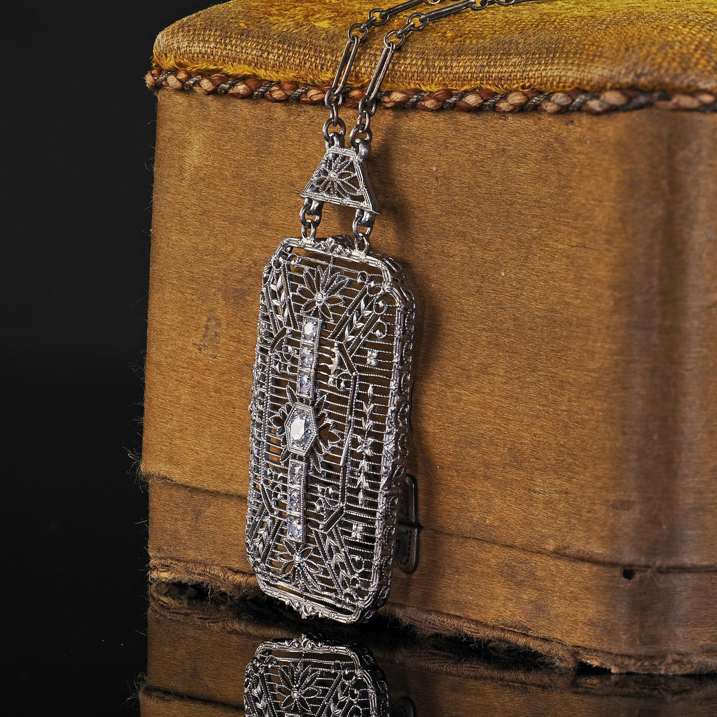 Antique Art Deco 14K White Gold Old Euro Diamond Filigree Pendant Necklace