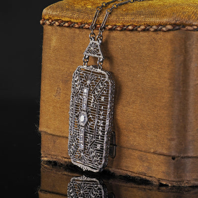 Antique Art Deco 14K White Gold Old Euro Diamond Filigree Pendant Necklace