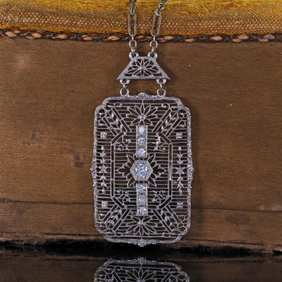 Antique Art Deco 14K White Gold Old Euro Diamond Filigree Pendant Necklace