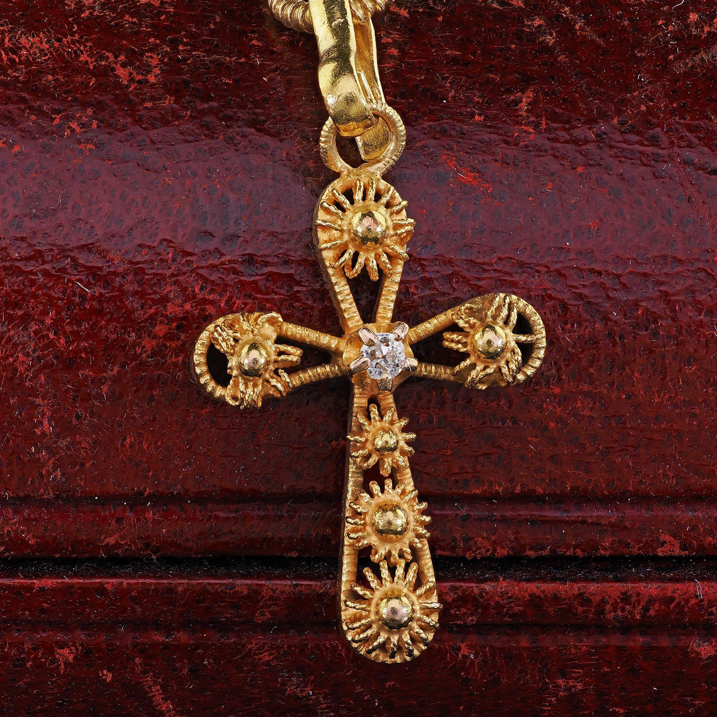 Antique Victorian 14K Yellow Gold Old Cut Diamond Cross Pendant Necklace