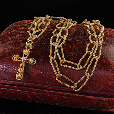 Antique Victorian 14K Yellow Gold Old Cut Diamond Cross Pendant Necklace