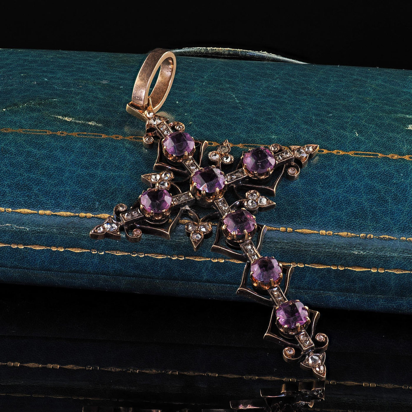 Antique Victorian 18K/14K Yellow Gold Old Cut Diamond and Amethyst Cross Pendant