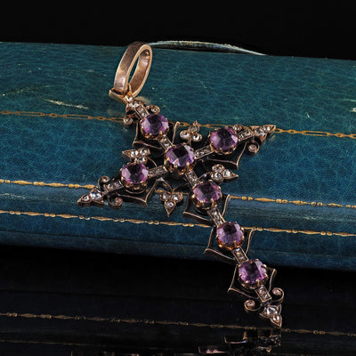 Antique Victorian 18K/14K Yellow Gold Old Cut Diamond and Amethyst Cross Pendant