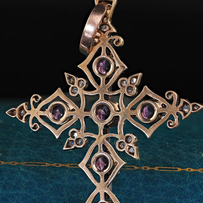 Antique Victorian 18K/14K Yellow Gold Old Cut Diamond and Amethyst Cross Pendant