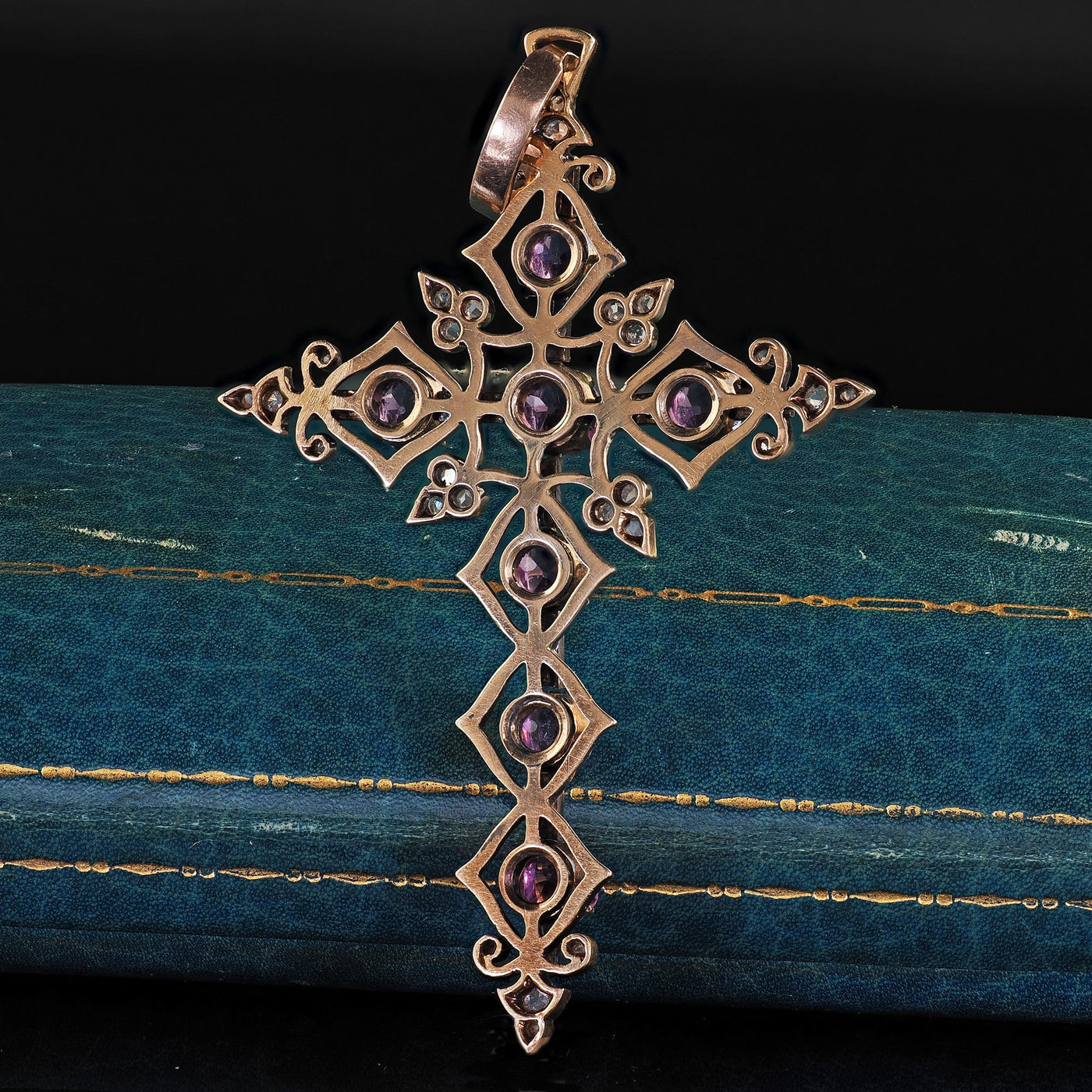 Antique Victorian 18K/14K Yellow Gold Old Cut Diamond and Amethyst Cross Pendant