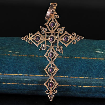 Antique Victorian 18K/14K Yellow Gold Old Cut Diamond and Amethyst Cross Pendant