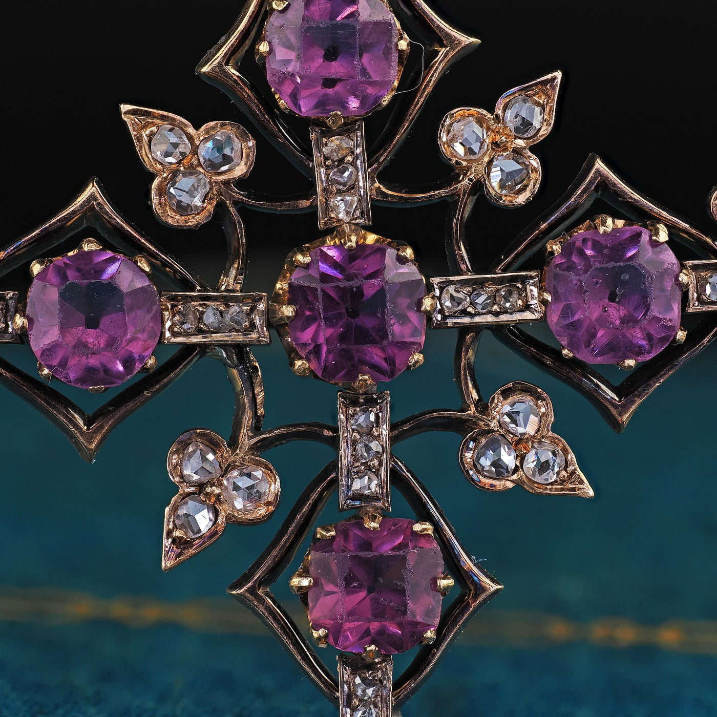 Antique Victorian 18K/14K Yellow Gold Old Cut Diamond and Amethyst Cross Pendant