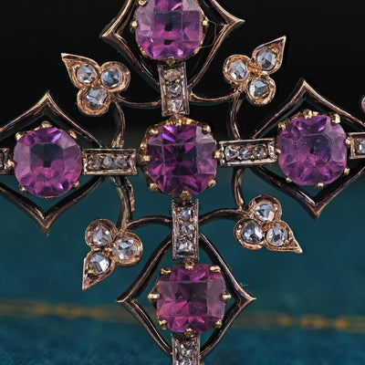 Antique Victorian 18K/14K Yellow Gold Old Cut Diamond and Amethyst Cross Pendant