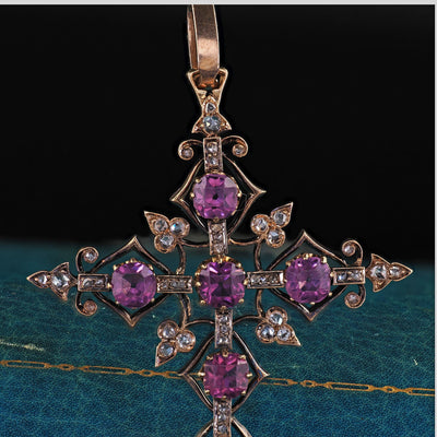 Antique Victorian 18K/14K Yellow Gold Old Cut Diamond and Amethyst Cross Pendant