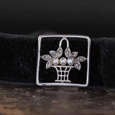 Antique Edwardian Platinum Diamond and Pearl Floral Choker Velvet Necklace
