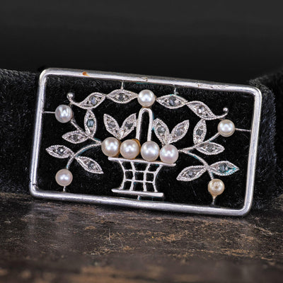 Antique Edwardian Platinum Diamond and Pearl Floral Choker Velvet Necklace