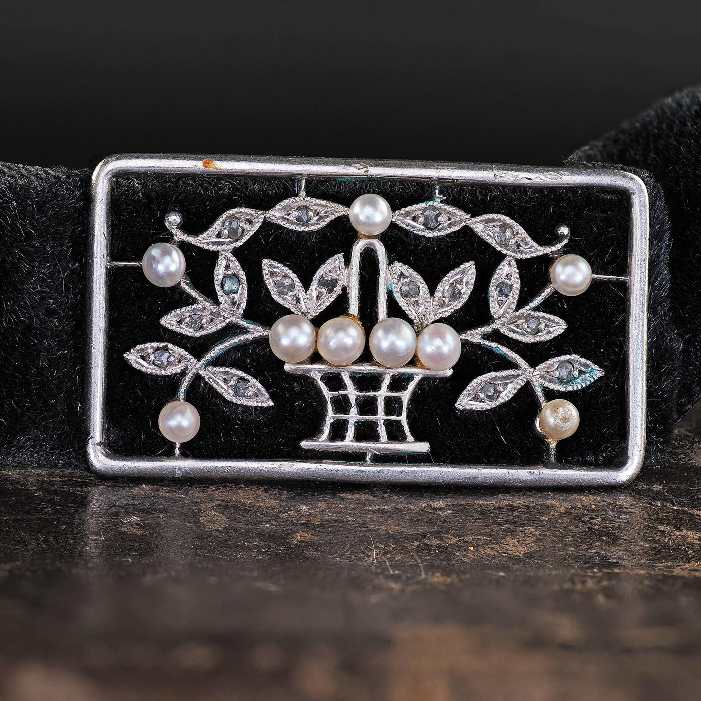 Antique Edwardian Platinum Diamond and Pearl Floral Choker Velvet Necklace