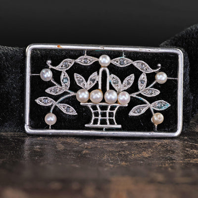 Antique Edwardian Platinum Diamond and Pearl Floral Choker Velvet Necklace