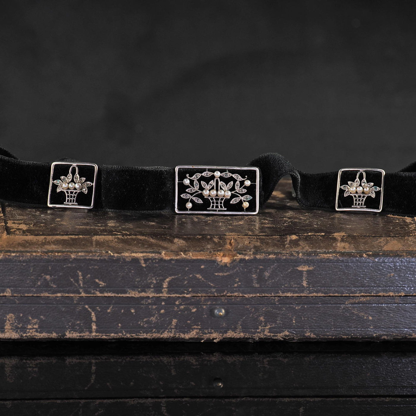 Antique Edwardian Platinum Diamond and Pearl Floral Choker Velvet Necklace