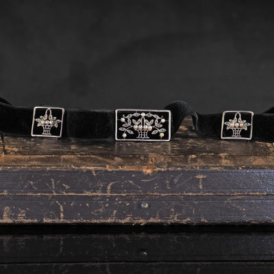 Antique Edwardian Platinum Diamond and Pearl Floral Choker Velvet Necklace