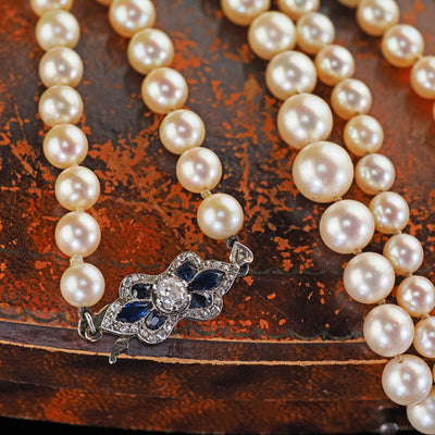 Antique Art Deco Platinum 18K Gold Old Mine Diamond Sapphire Pearl Necklace