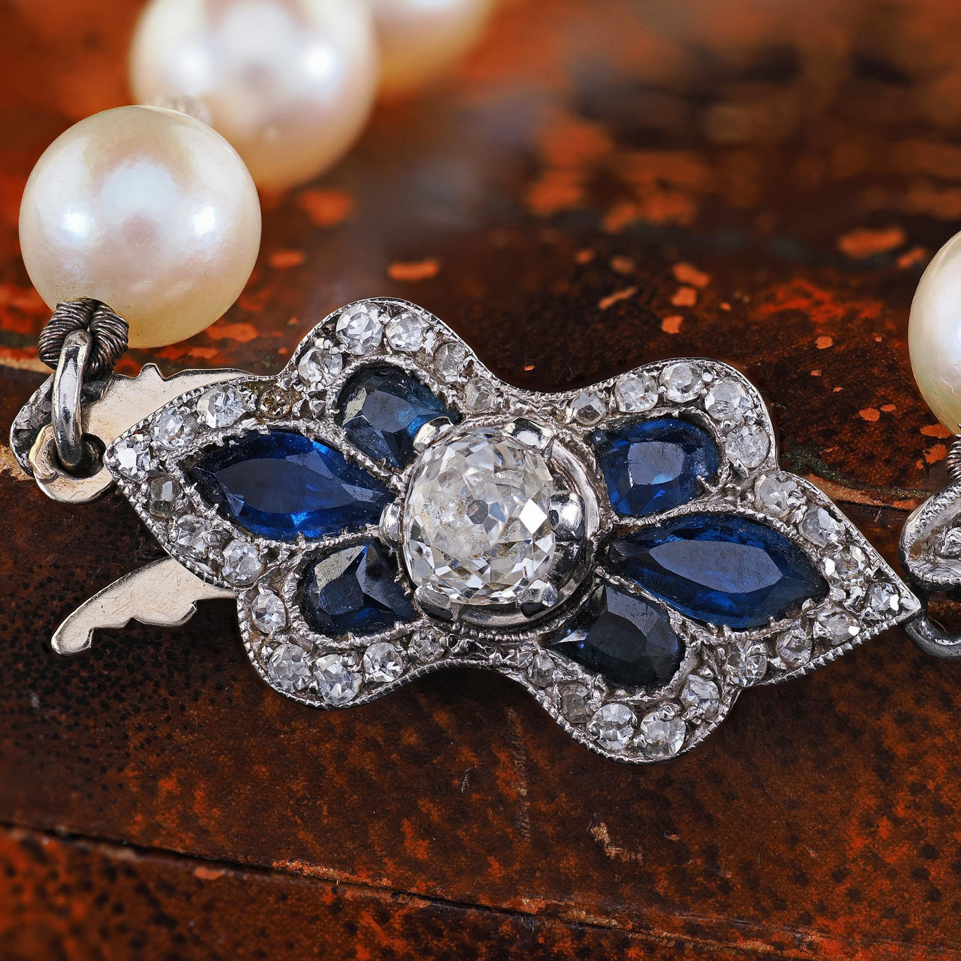 Antique Art Deco Platinum 18K Gold Old Mine Diamond Sapphire Pearl Necklace