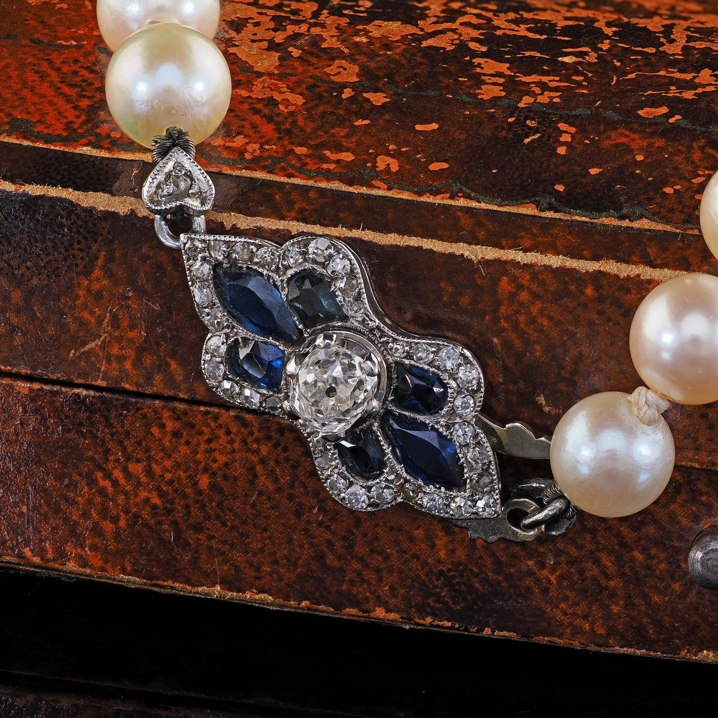 Antique Art Deco Platinum 18K Gold Old Mine Diamond Sapphire Pearl Necklace