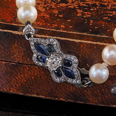 Antique Art Deco Platinum 18K Gold Old Mine Diamond Sapphire Pearl Necklace