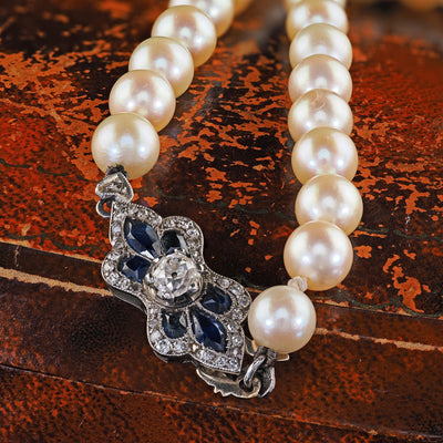 Antique Art Deco Platinum 18K Gold Old Mine Diamond Sapphire Pearl Necklace