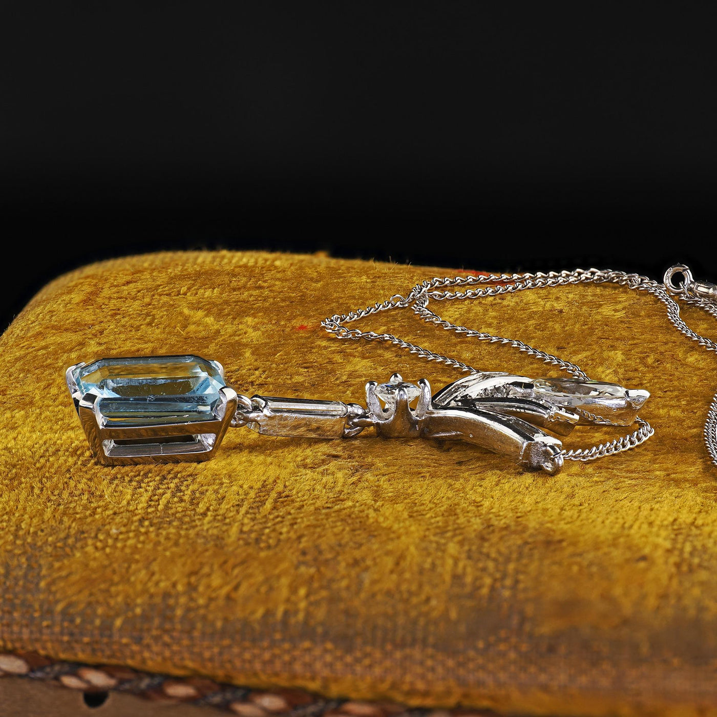 Vintage Estate Platinum 18K White Gold Diamond Aquamarine Drop Necklace