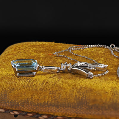 Vintage Estate Platinum 18K White Gold Diamond Aquamarine Drop Necklace