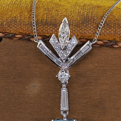 Vintage Estate Platinum 18K White Gold Diamond Aquamarine Drop Necklace