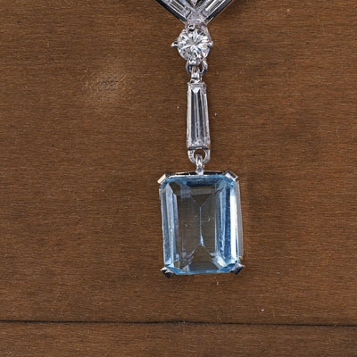 Vintage Estate Platinum 18K White Gold Diamond Aquamarine Drop Necklace