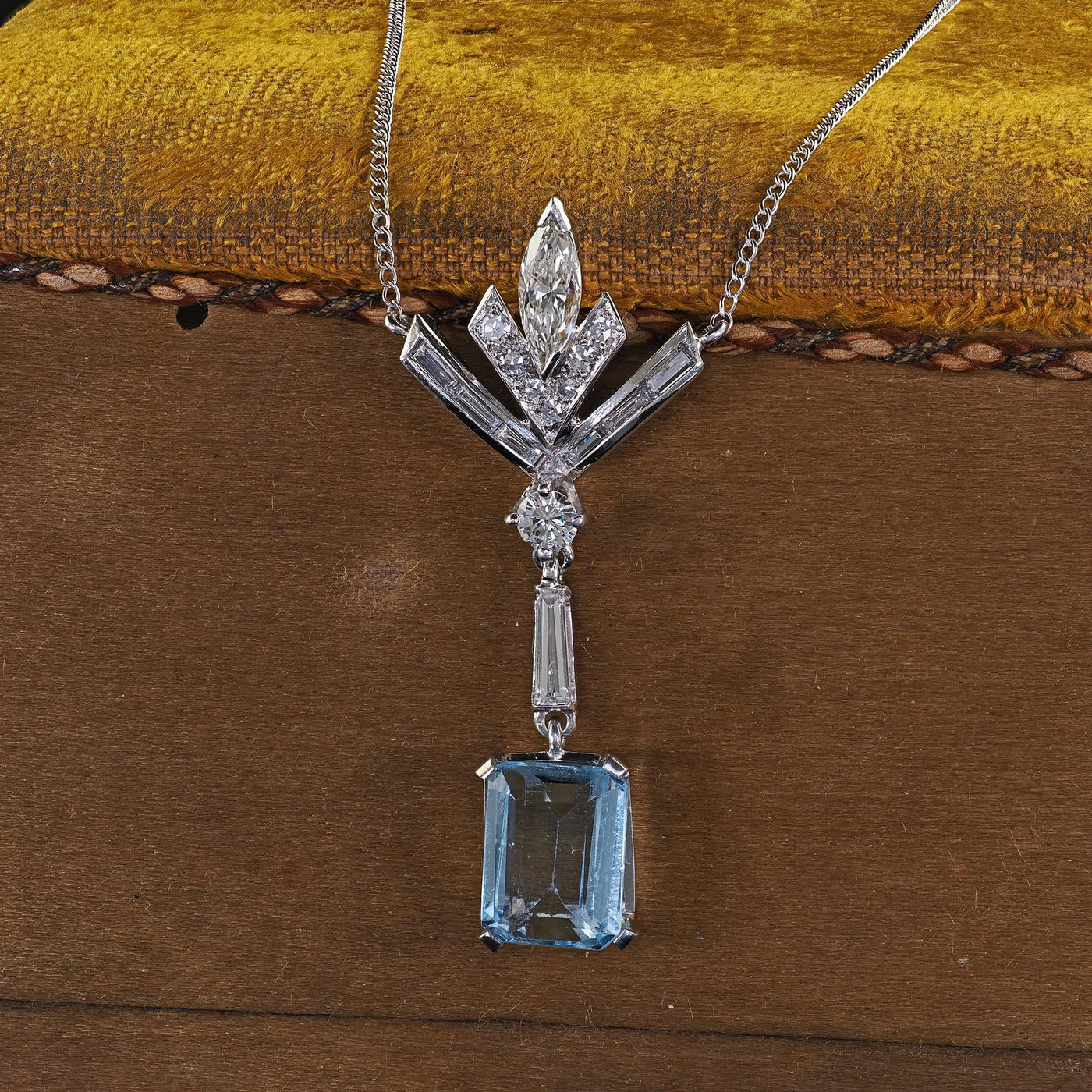 Vintage Estate Platinum 18K White Gold Diamond Aquamarine Drop Necklace