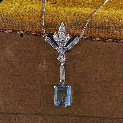 Vintage Estate Platinum 18K White Gold Diamond Aquamarine Drop Necklace