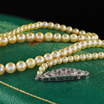 Antique Art Deco Platinum Saltwater Akoya Graduated Pearl Necklace - GIA