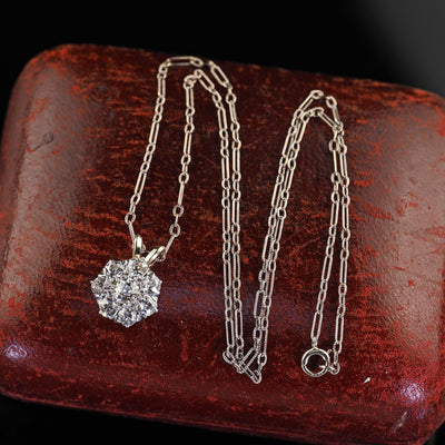Antique Edwardian 14K Gold and Platinum Old European Diamond Cluster Pendant