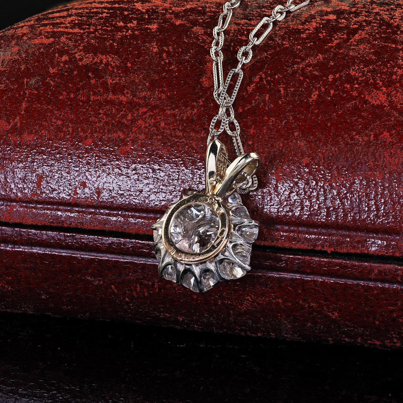 Antique Edwardian 14K Gold and Platinum Old European Diamond Cluster Pendant