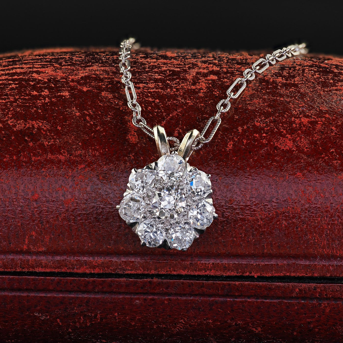 Antique Edwardian 14K Gold and Platinum Old European Diamond Cluster Pendant