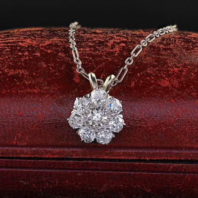 Antique Edwardian 14K Gold and Platinum Old European Diamond Cluster Pendant