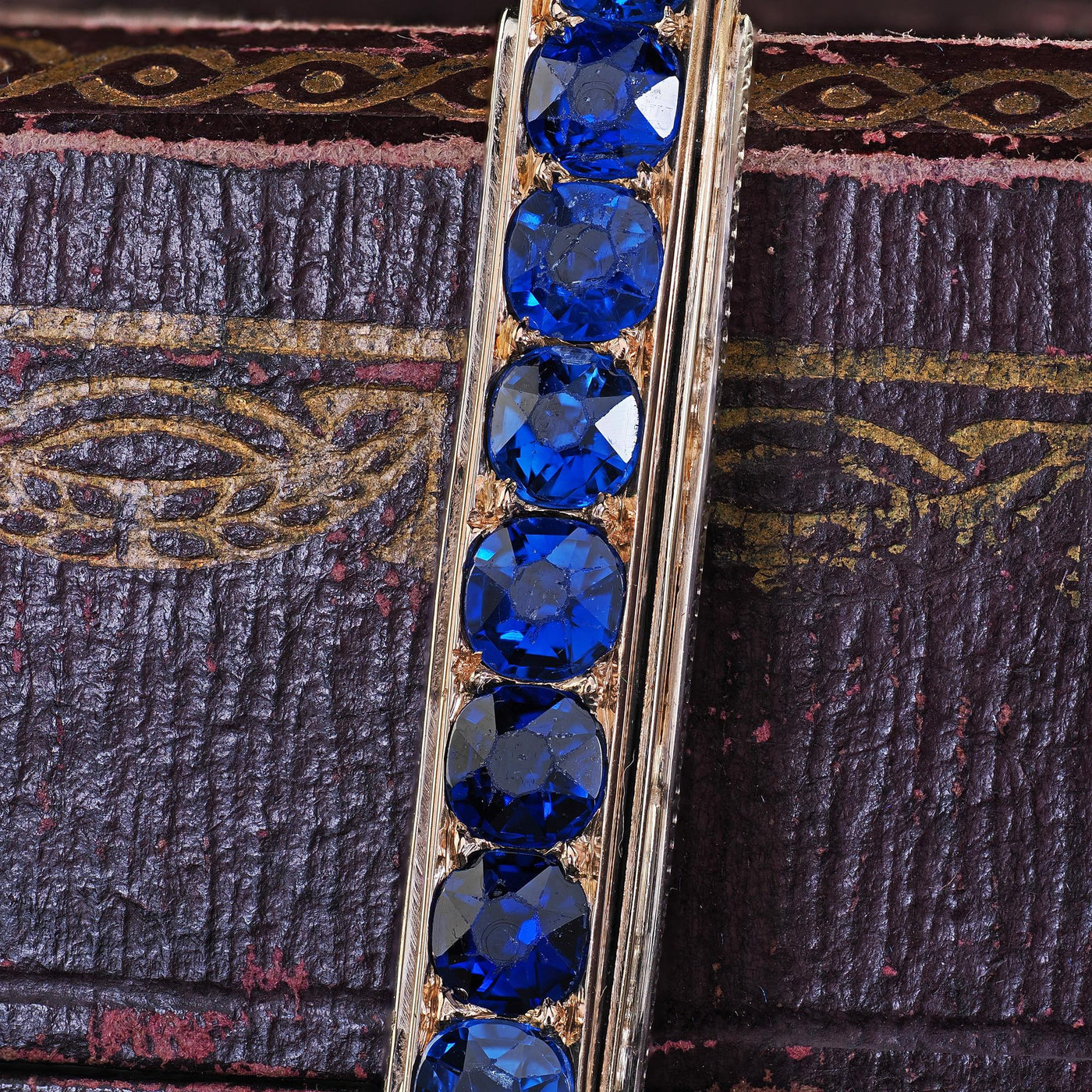 Antique Victorian 18K Yellow Gold and Silver Sapphire and Diamond Bar Pendant