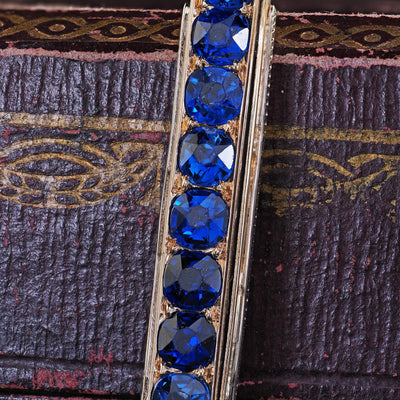 Antique Victorian 18K Yellow Gold and Silver Sapphire and Diamond Bar Pendant