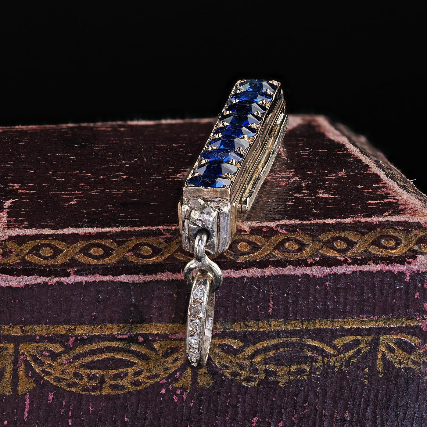 Antique Victorian 18K Yellow Gold and Silver Sapphire and Diamond Bar Pendant