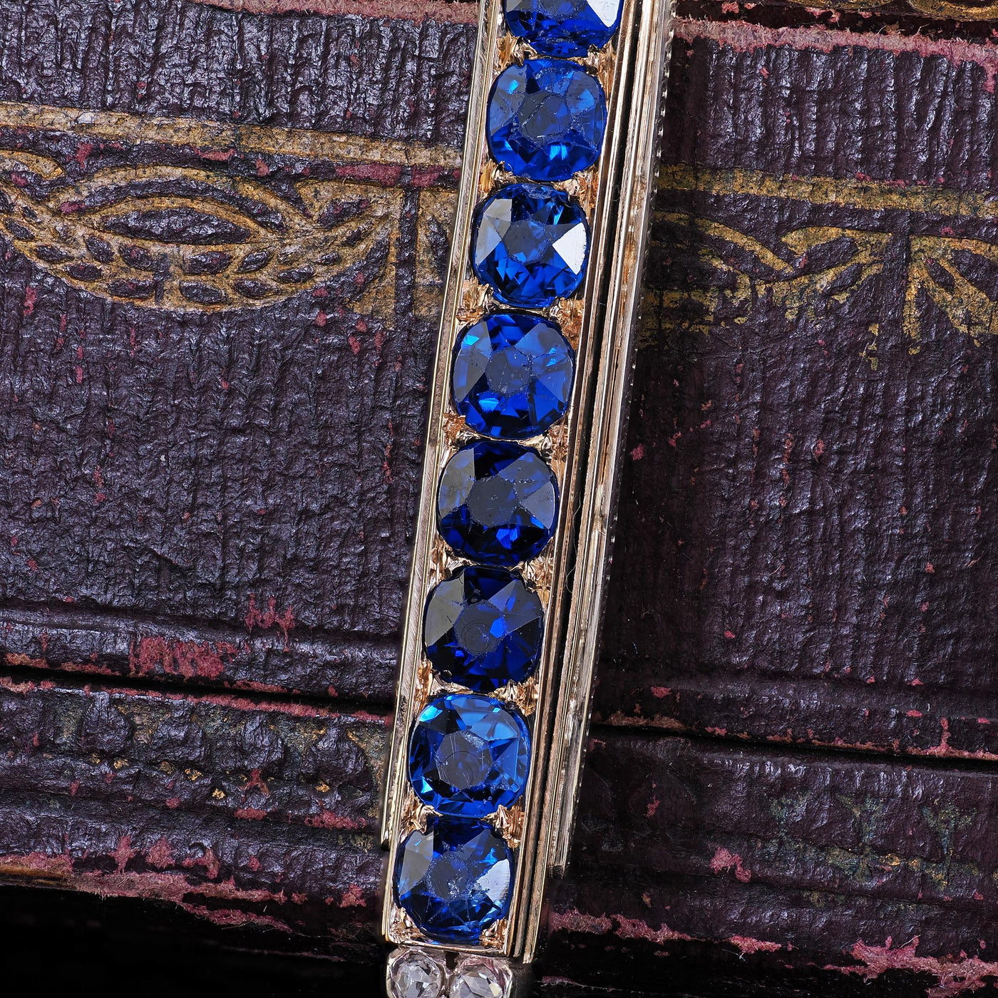 Antique Victorian 18K Yellow Gold and Silver Sapphire and Diamond Bar Pendant